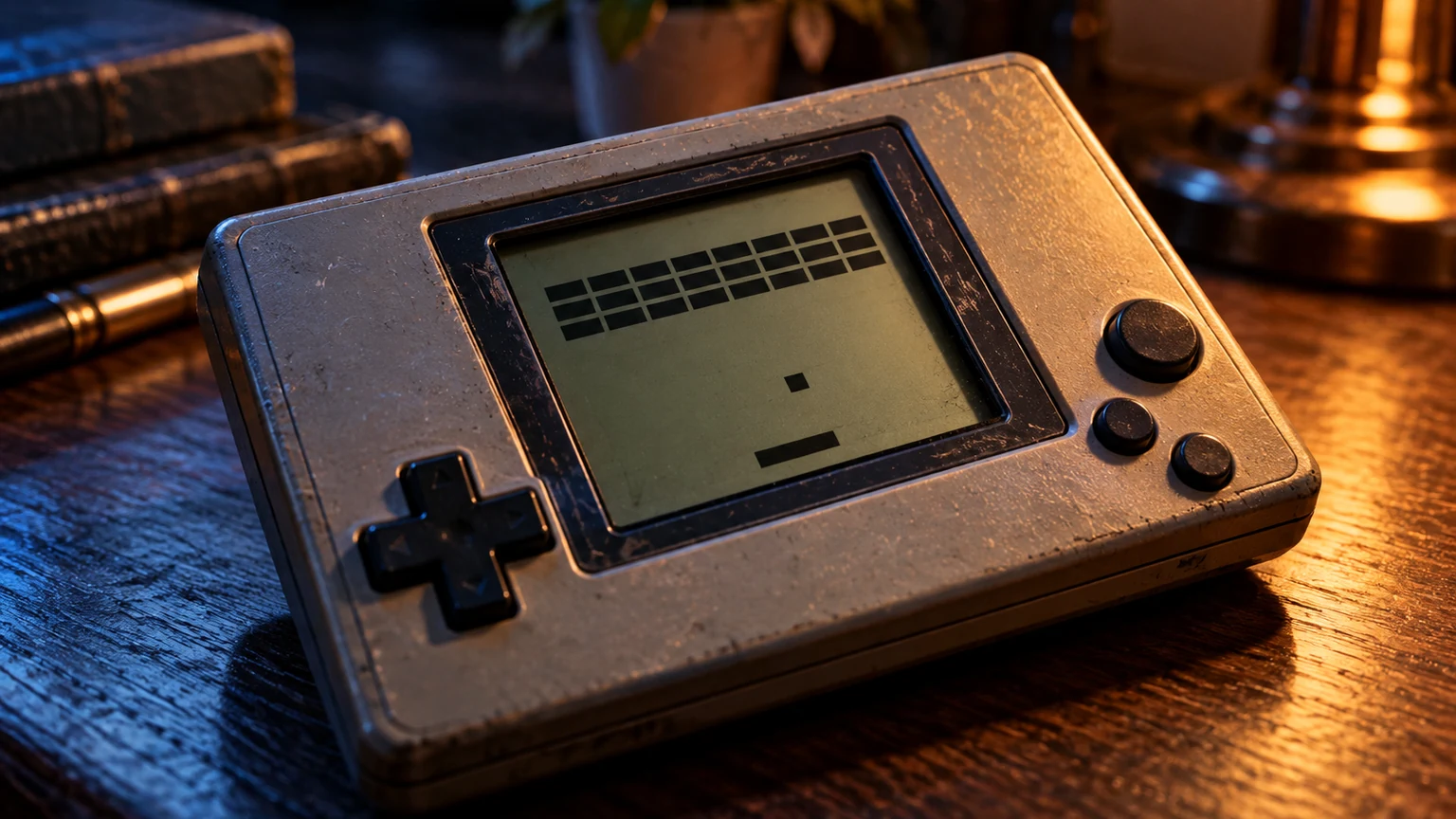 Brick Breaker Consola retro com cena editorial inspirada em Brick Breaker