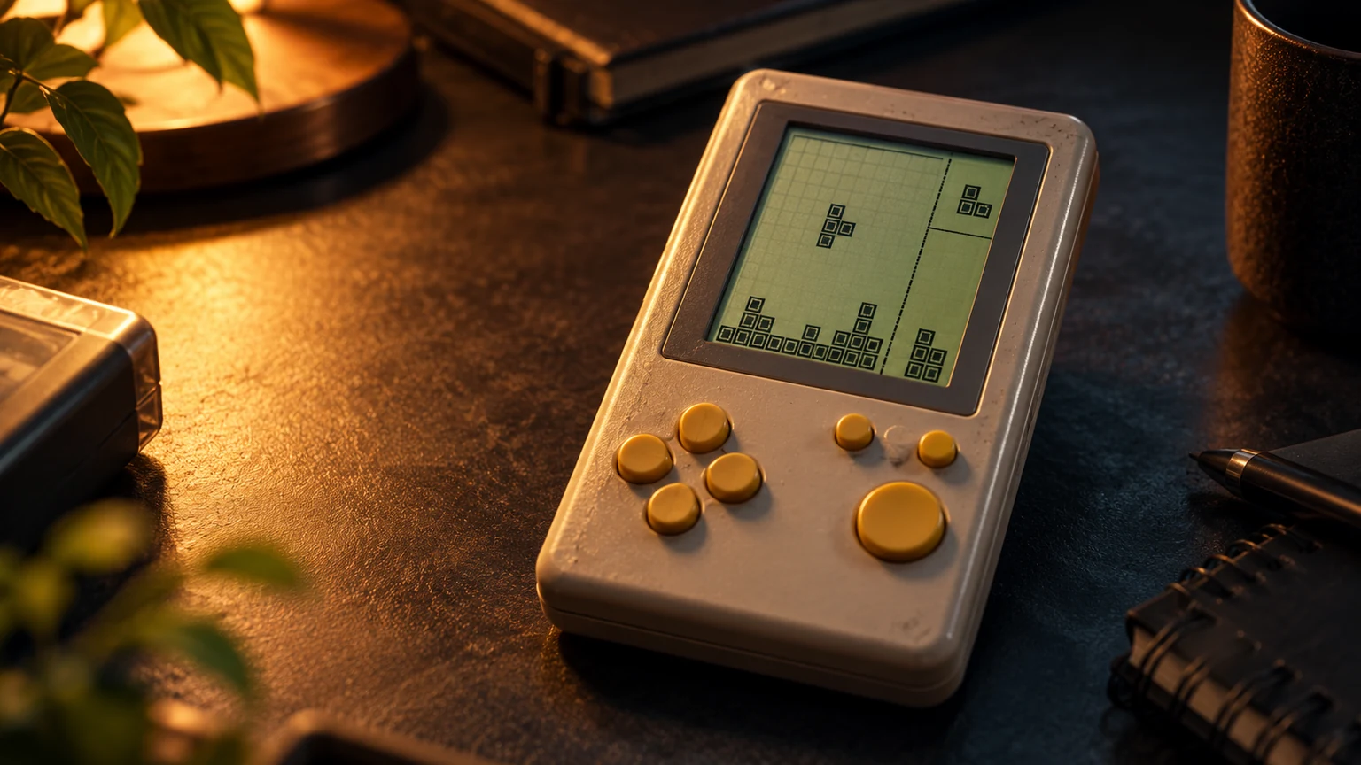 Consola retro Brick Game Consola portátil retro num ambiente editorial