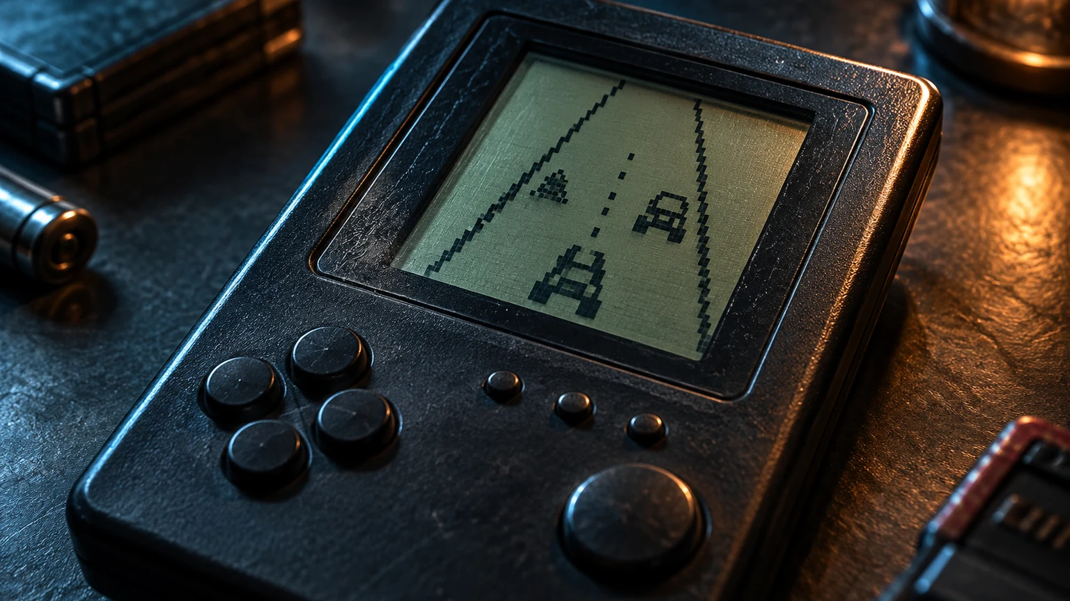Corrida retro Consola retro com composição editorial inspirada num jogo de corrida