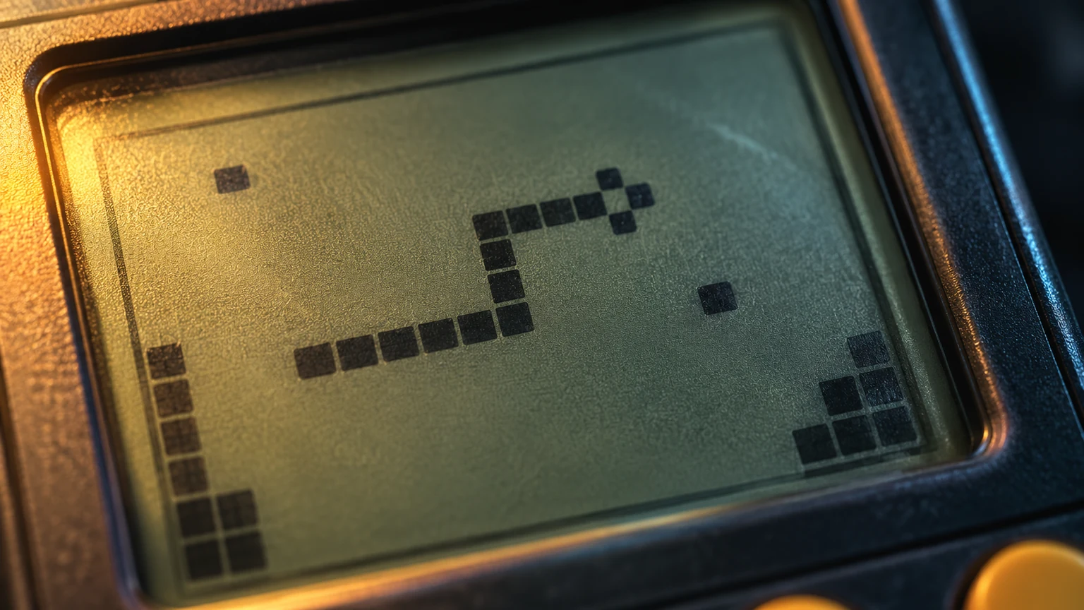 Snake em LCD Ecrã LCD em macro com uma cena editorial inspirada no Snake
