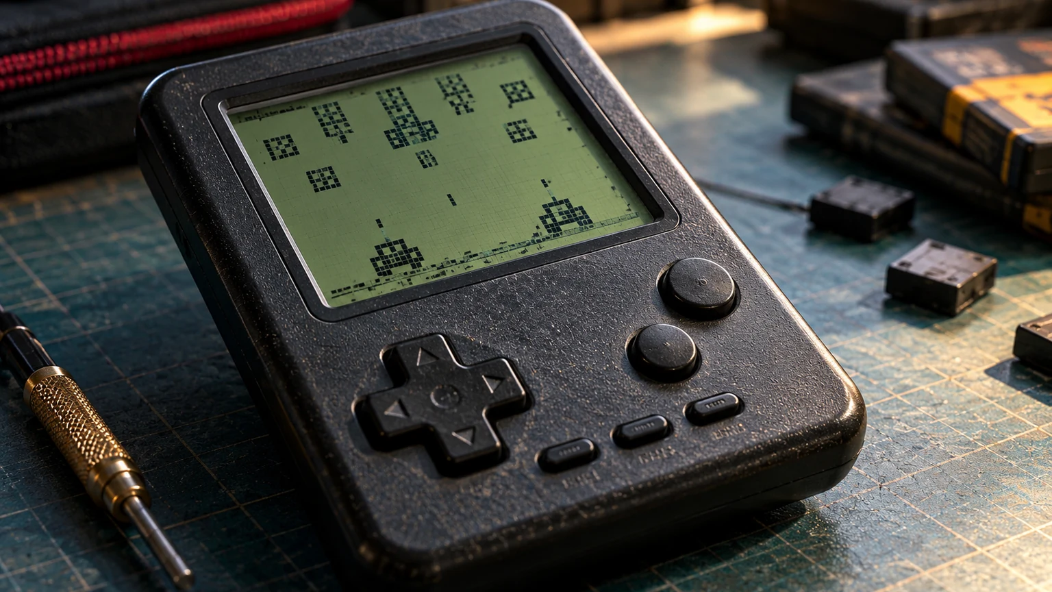 Tank retro Consola portátil numa bancada com cena editorial inspirada em Tank